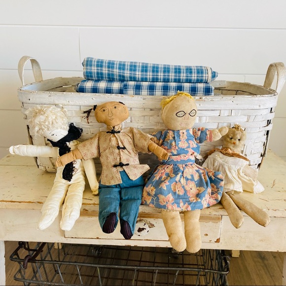 ♥️ Antique ♥️ Old Red Pink - Blue Stitched Face Rag Doll - Picture 3 of 13